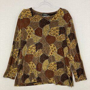 Vintage Artex Collection Large Brown Geometric Artsy Slinky Knit Long Sleeve Top
